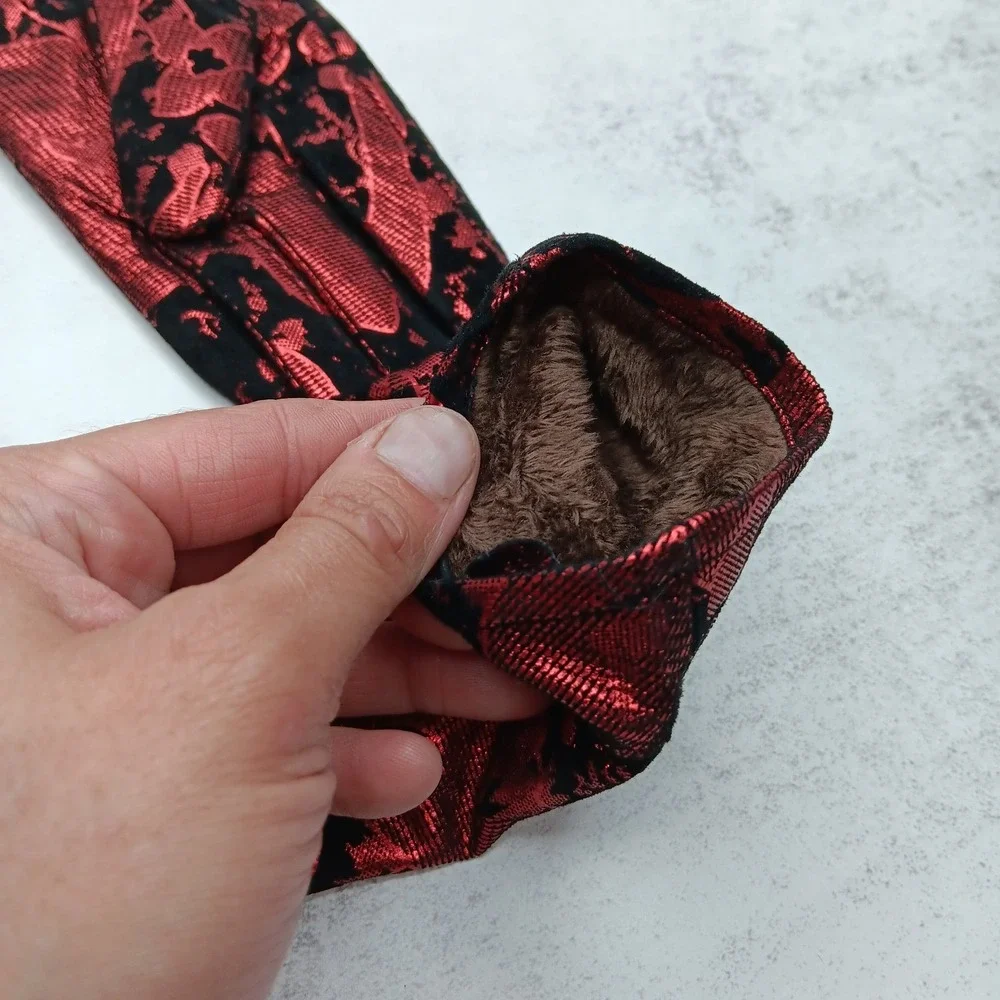 VTG Gloves S Black Metallic Red Floral Faux Fur Lined Holiday Party Whimsigoth